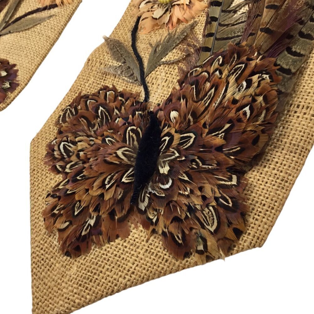 Vtg 3D Folk Art Feather Craft Art Burlap Wall Hanging Bell Pull Butterfly OOAK - Picture 10 of 12